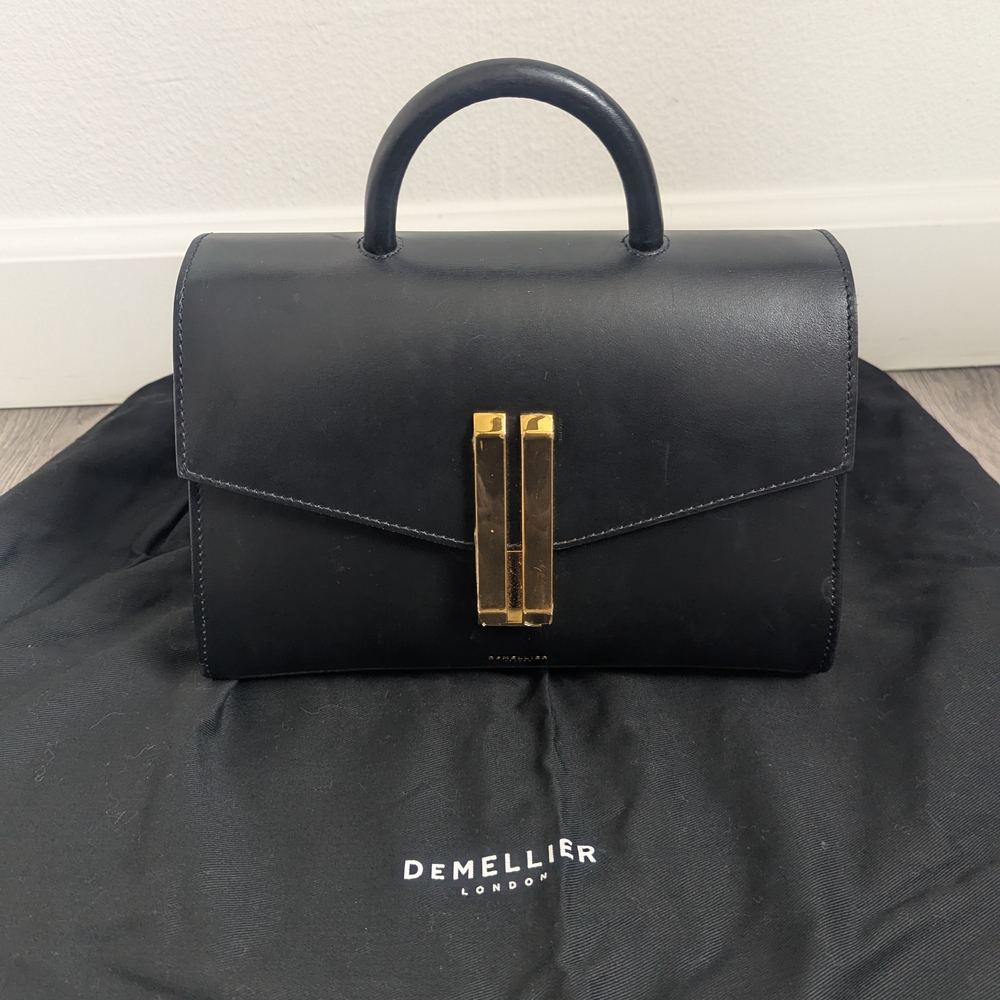 DeMellier Midi Montreal Black Leather Top Handle Bag with Gold Hardware